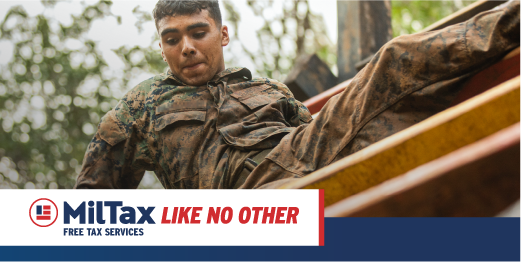 Service member in obstacle course with MilTax logo over image