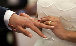 Bride placing ring on groom's finger