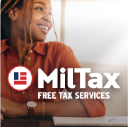 Woman looks up and away, smiling with MilTax showing in front.