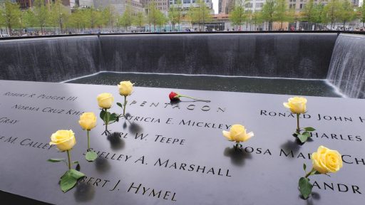 flowers on New York September 11 memorial