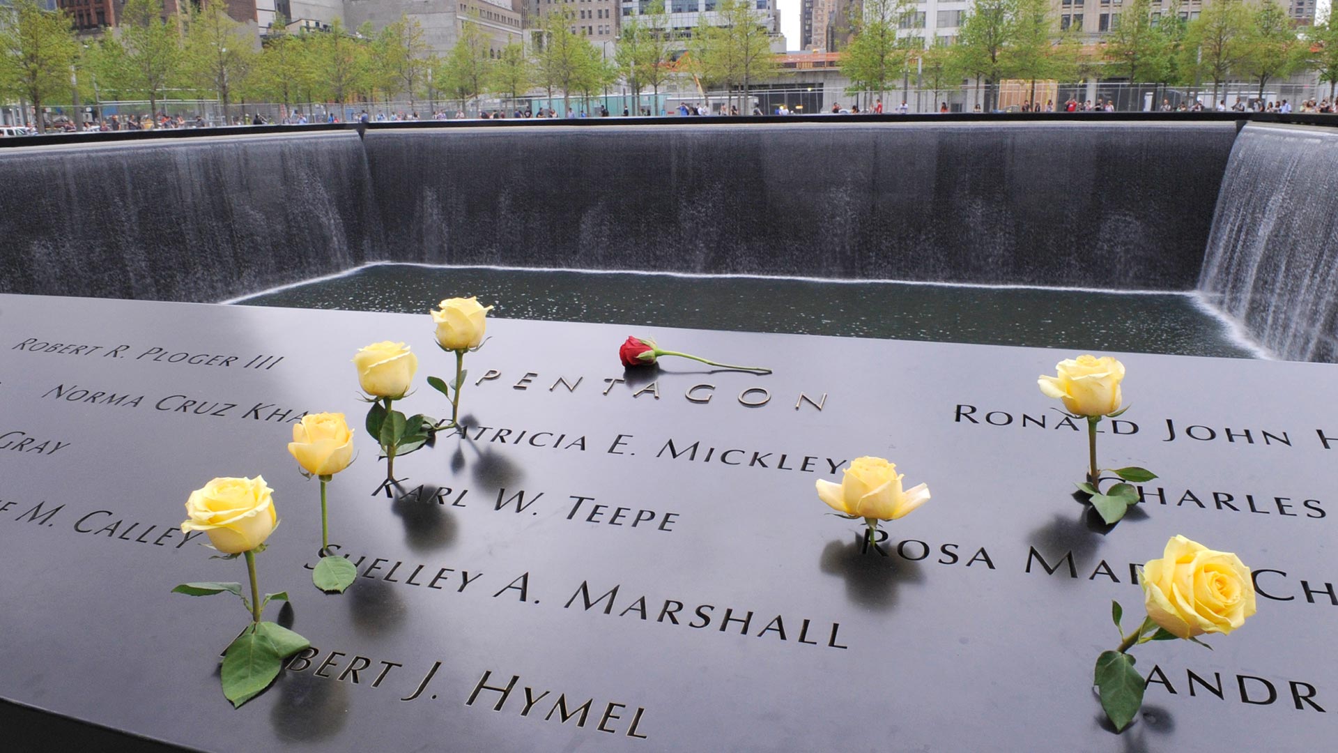 flowers on New York September 11 memorial