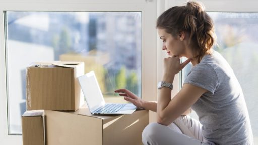 Woman working on her computer by a window