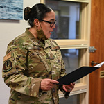 service woman reads document