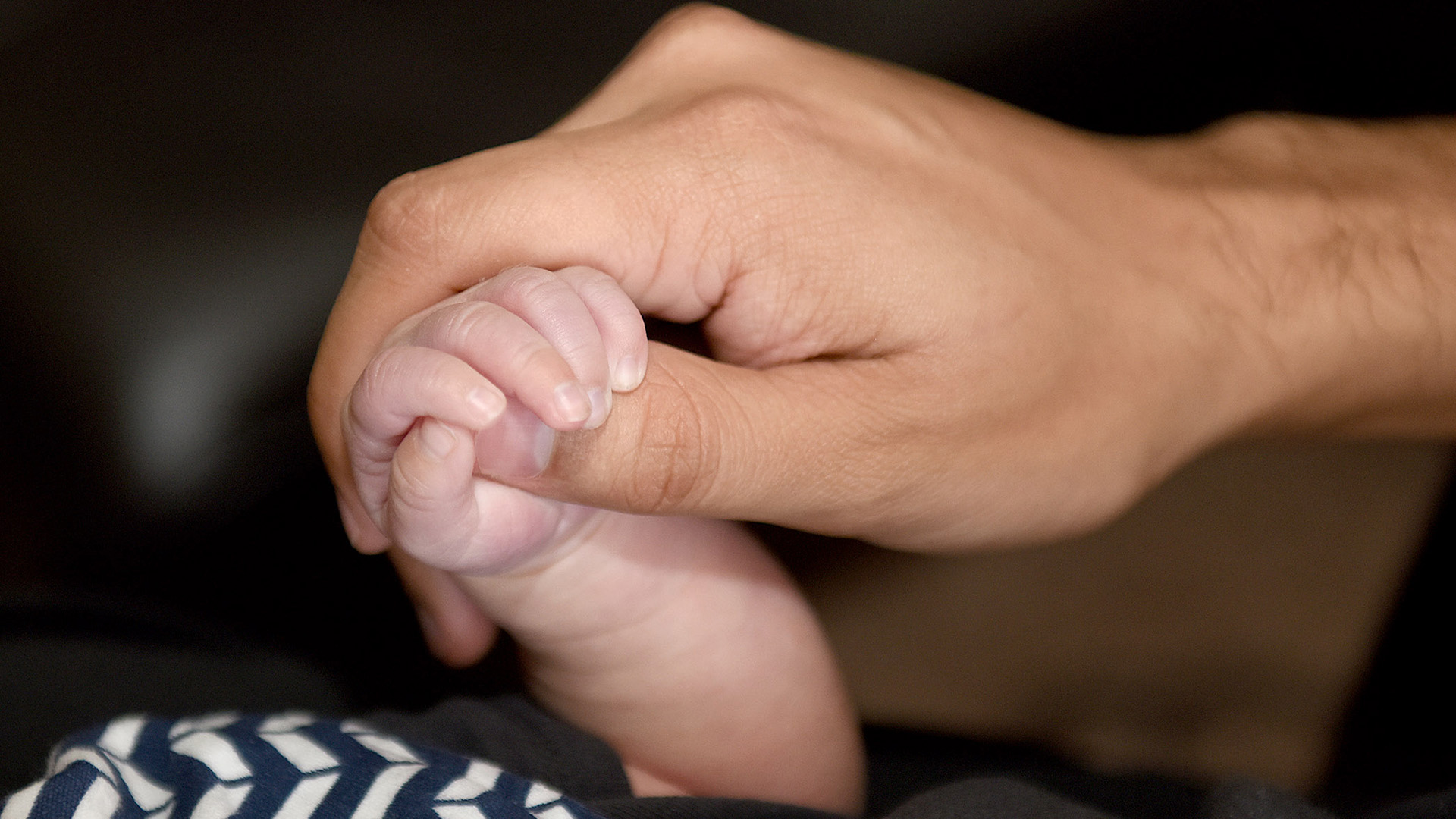 A parent holds their newborn's hand