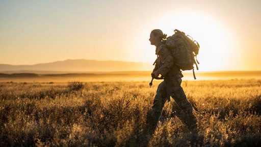 service member walking at sunset
