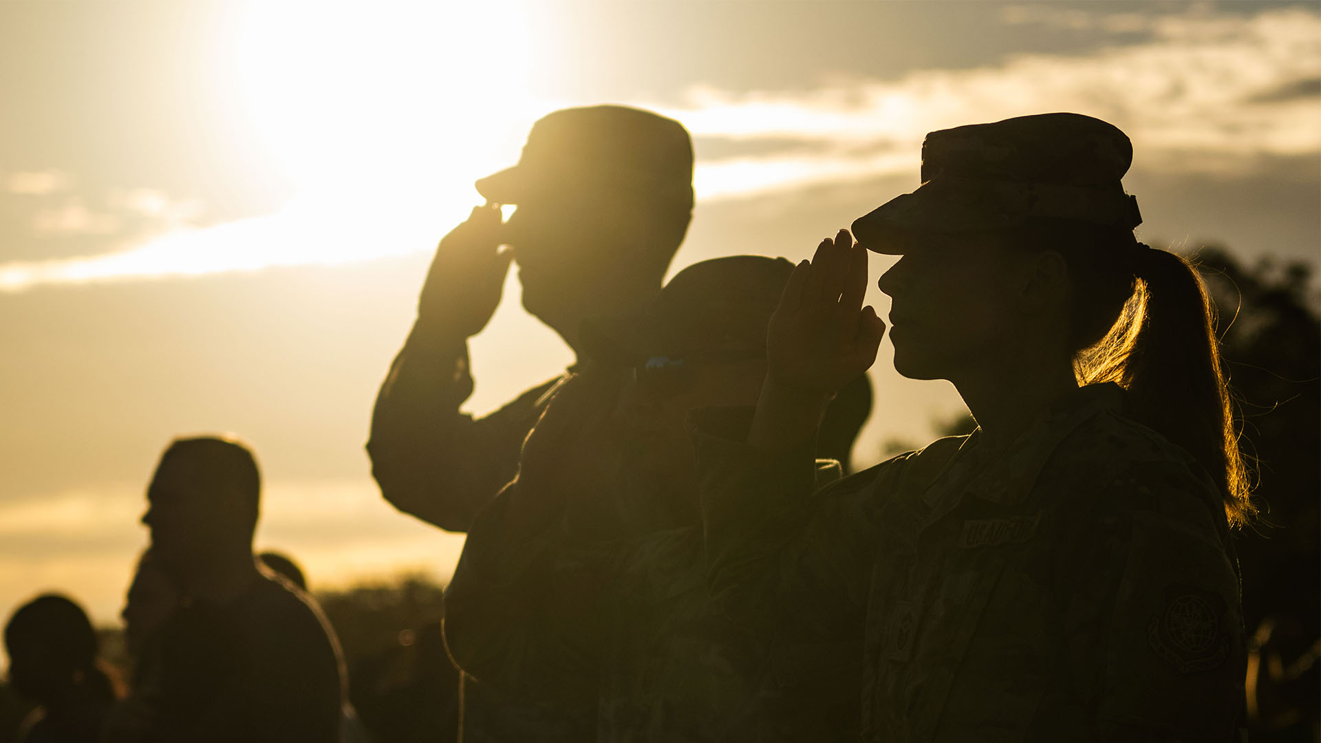 Silhouetted service members saluting