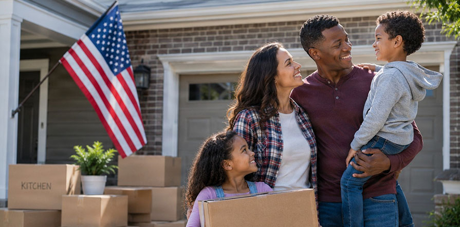 family moving with boxes outside of home