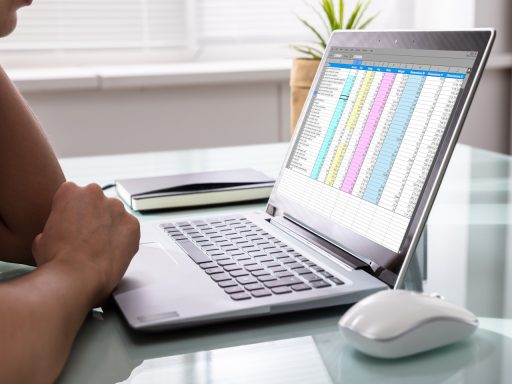 Person examining reports on laptop