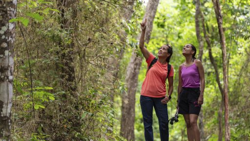 two women walking through a park