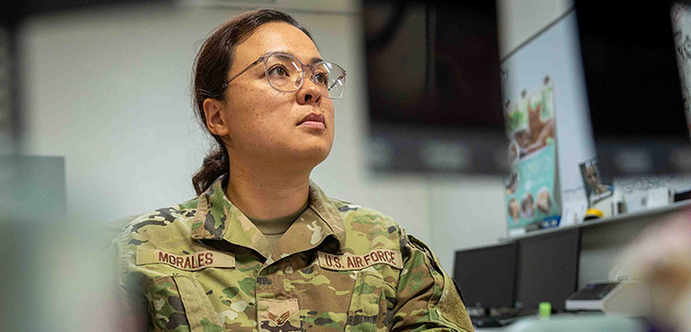 Service member looking at computer